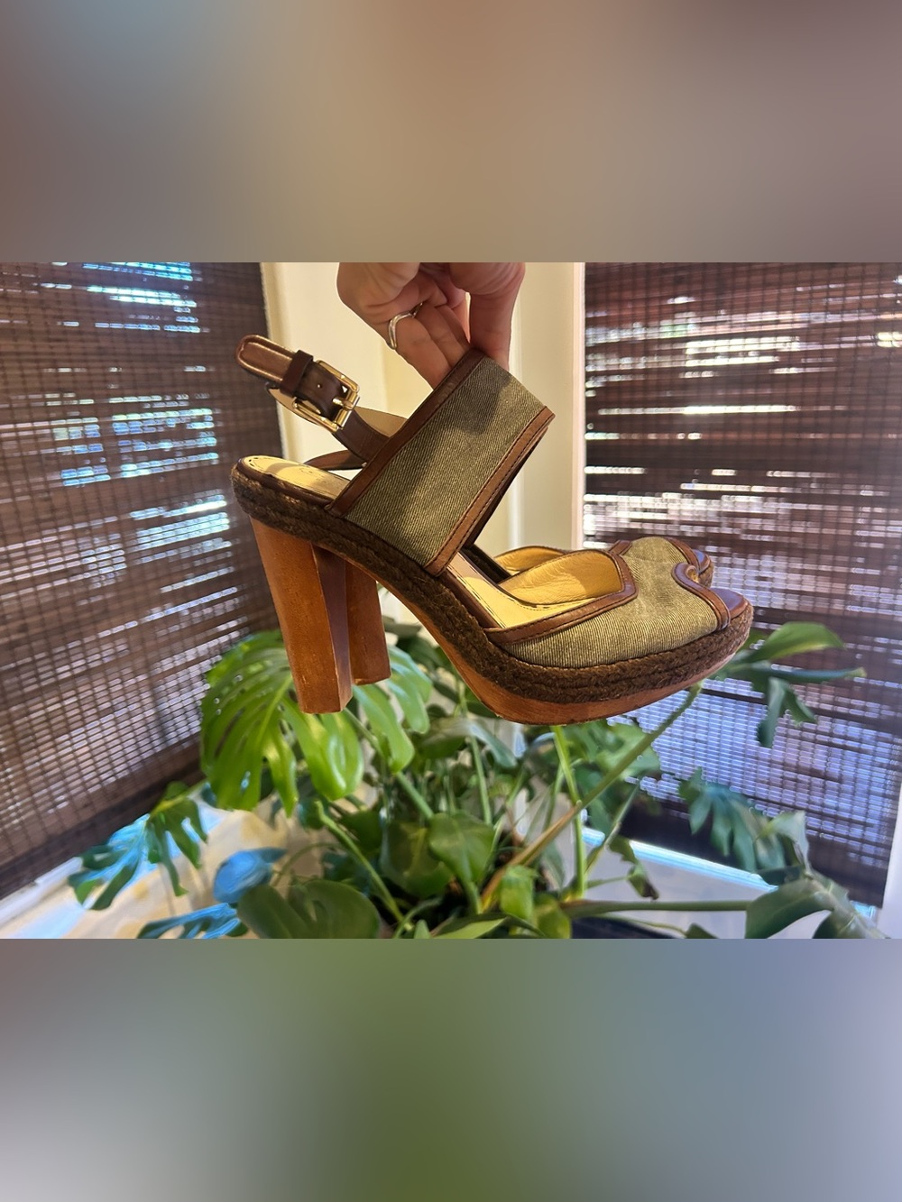 Coach Olive Green Platform Sandal with Wooden Block Heel